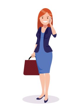 Telefonda konuşurken bir iş kadını. Düz tasarım. Vektör çizim karikatür tarzı