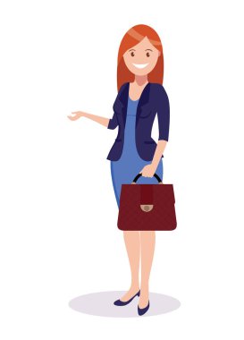 Mutlu bir kadın bir şeye işaret eder. Sunum ya da gösteri. Reklam ürünleri için bir unsur. Çizgi film tarzında vektör illüstrasyonu