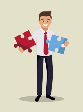 İş adamı bulmacanın iki parçasını elinde tutuyor. Bir sorunu çözmek için bir metafor. Düz bir şekilde vektör illüstrasyonu.