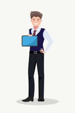 Bir işadamı dijital tablet bilgisayar gösteriyor. Düz bir şekilde vektör illüstrasyonu.