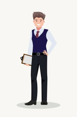 Bir evrak çantası ile bir takım elbise içinde iş adamı. Ofis çalışanı. Vektör çizim karikatür tarzı