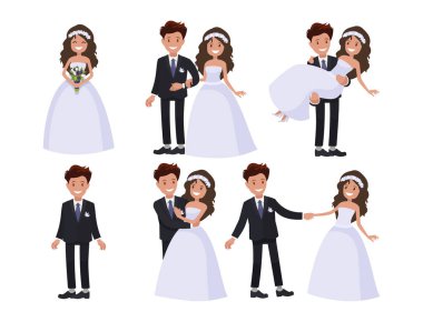 Karakter gelin ve damat kümesi. Yeni evliler, dans, sarılma ellerimi. Düğün davetiyeleri için öğe. Vektör çizim karikatür tarzı