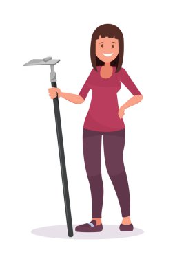 Çapalı mutlu bir çiftçi. Güzel bir kadın çiftçi, çizgi film karakteri. Düz bir şekilde vektör illüstrasyonu.