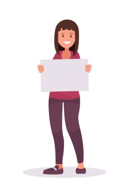 Genç bir kız elinde boş bir poster, bir poster, bir tabela, bir tahta tutuyor. Düz bir şekilde vektör illüstrasyonu.