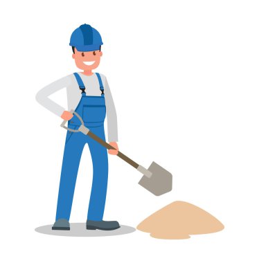 Elinde bir araç ile işyerinde tulum bir inşaat işçisi adamdır. Vektör çizim.