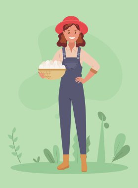 Bir çiftçi bir sepet yumurta tutar. Düz bir şekilde vektör illüstrasyonu.