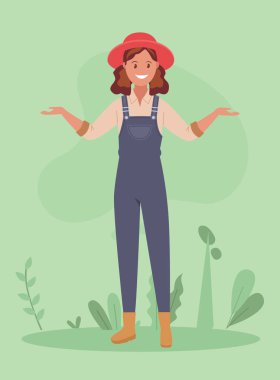 Çiftçi ellerini yanlara doğru açıyor. Düz bir şekilde vektör illüstrasyonu.