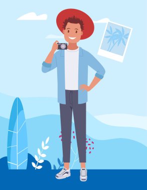 Etrafı gezen kameralı bir erkek turist. Düz bir şekilde vektör illüstrasyonu.