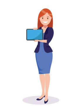 Tablet dişi bir işadamının elinde. Düz bir şekilde vektör illüstrasyonu.