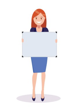 Genç bir kız elinde boş bir poster, bir poster, bir tabela, bir tahta tutuyor. Düz bir şekilde vektör illüstrasyonu.