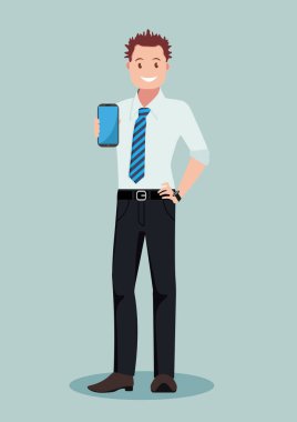 İş adamı telefonu gösterir. Düz bir şekilde vektör illüstrasyonu.