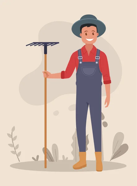 農業労働 男が熊手で庭で働いていて 地面を平らにしている 平面図のベクトル図 — ストックベクタ
