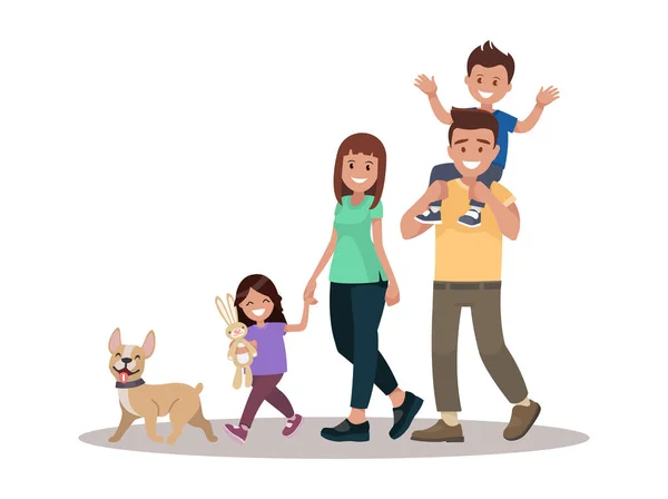 Mutlu aile şehir parkında yürüyor. Baba, anne, oğul ve kız açık havada birlikteler. Çizgi film tarzında vektör illüstrasyonu