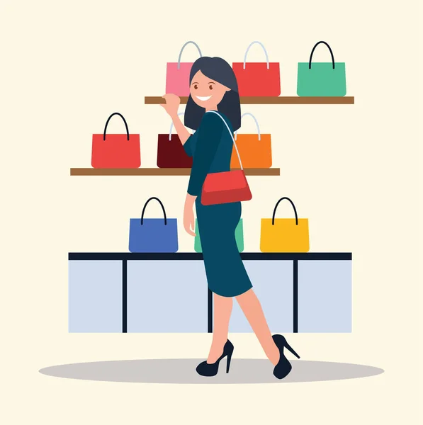 Chica Está Compras Una Boutique Una Tienda Bolsos Ilustración Vectorial — Vector de stock