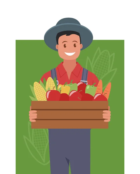 Ein Junger Bauer Auf Einem Bauernmarkt Verkauft Gemüse Vektor Illustration — Stockvektor