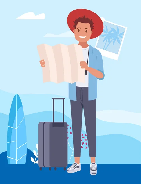 Joli Touriste Masculin Tenant Une Carte Illustration Vectorielle Dans Style — Image vectorielle