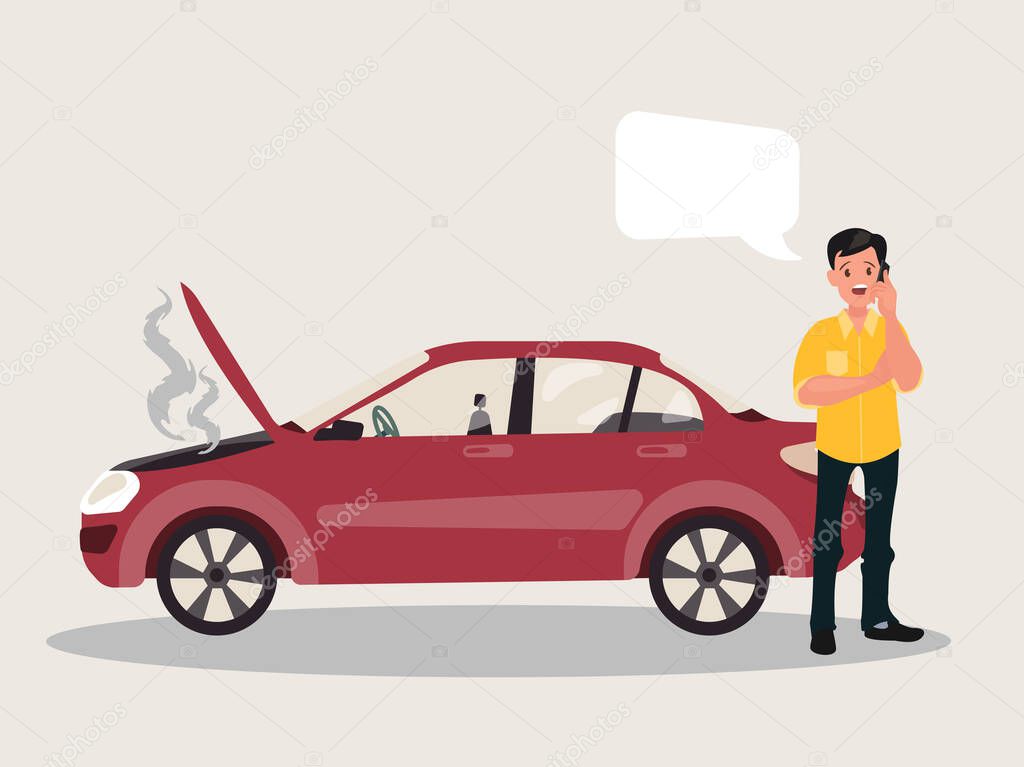Breakdown of the car on the road. A man calls the service to help. Vector illustration in a flat style