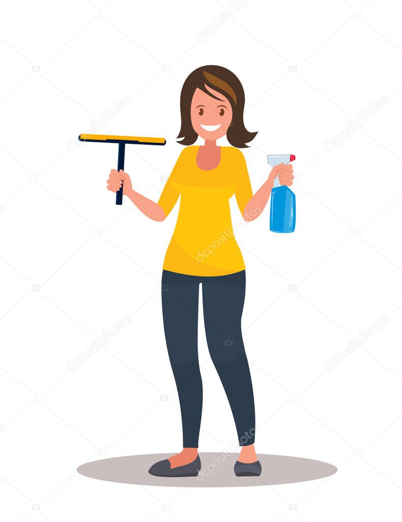 Vector cartoon illustration of Woman going to washing the window with a cleaning spray in her hands. Glass cleaner on white background.