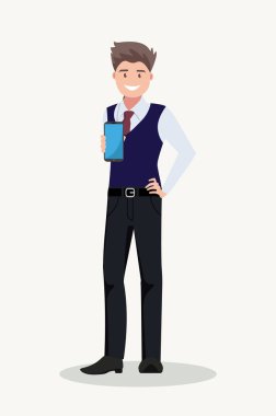 İş adamı telefonu gösterir. Düz bir şekilde vektör illüstrasyonu.