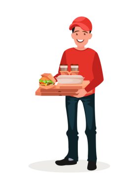 Üniformalı bir kurye yiyecek ve içeceklerle dolu bir paket kutusu tutuyor ve evinize hazır yemek getiriyor. Düz bir şekilde vektör illüstrasyonu.