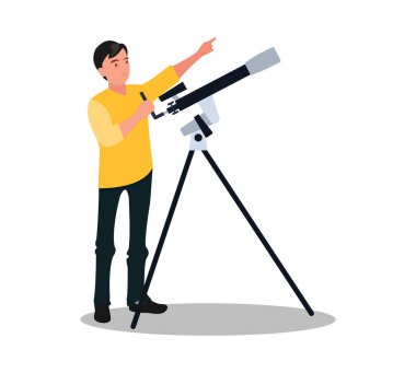Gezegenleri, Samanyolu 'nu, Ay' ı ya da asteroidi araştırma ve keşfetme hobisi. Teleskop ile mercek vektöründen bakan insan karakterinin yan görüntüsü.