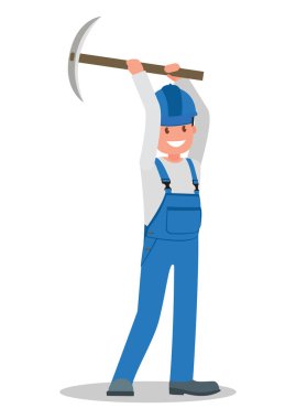 Elinde bir araç ile işyerinde tulum bir inşaat işçisi adamdır. Vektör çizim.