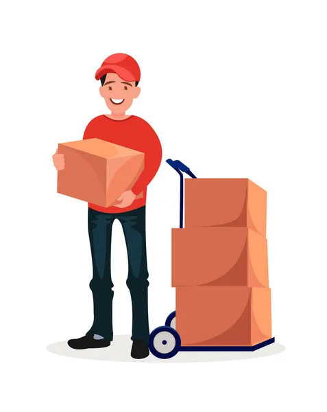 Smiling Man Courier Parcel Vector Illustration Cartoon Style — Stock Vector