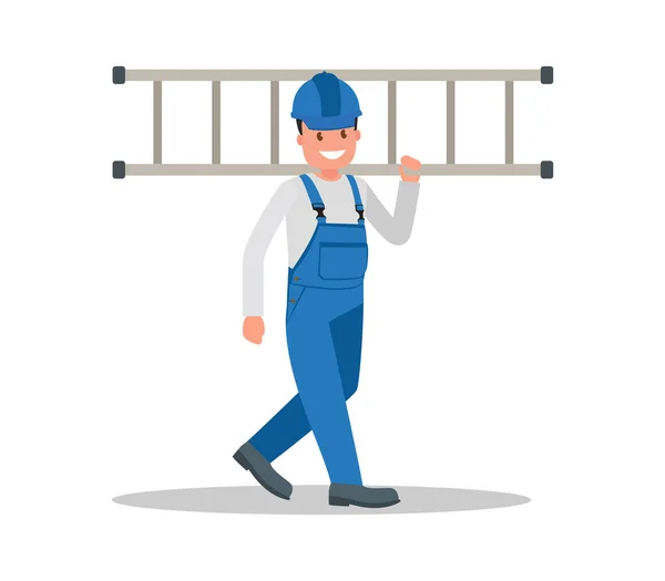 Man Byggnadsarbetare Overaller Arbetsplatsen Med Ett Verktyg Händerna Vektorillustration — Stock vektor