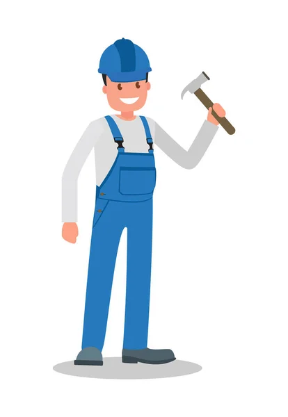 彼の手のツールを使って職場でオーバー オールの建設労働者です ベクトル図 — ストックベクタ