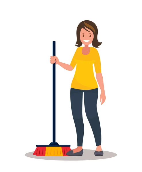 Eine Frau Fegt Den Boden Die Hausfrau Putzt Das Zimmer — Stockvektor