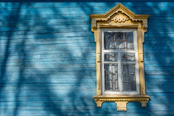 Old Rural House Wall Paneled Blue Wood Window Yellow Carved — Stock Photo, Image