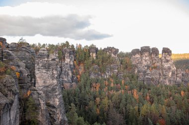 Sakson İsviçre, Bastei Doğa Koruma Alanı. Benzersiz kaya oluşumlarının görüntüsü. Sonbahar ormanının üzerinde taş sütunlar yükselir..