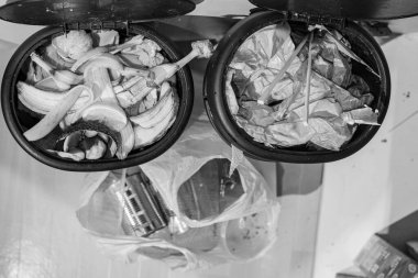 Özgün olarak sıralanmış ev atığı fotoğrafı: organik artıklarla dolu bir gübre kutusu ve geri dönüşümlü plastik torba (teneke, plastik). Evdeki sürdürülebilirlik, atık yönetimi ve yeşil yaşam alışkanlıklarını vurgular.