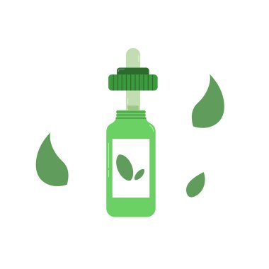 Düz Tasarımlı Yeşil Serum Düşüren Şişe Yüzen Yeşil Yapraklarla çevrili. Yaprak Simgeli Şişe Özellikleri. Bu Doğal Cilt Güzellik Ürünleri ve Bitkisel Kozmetik.