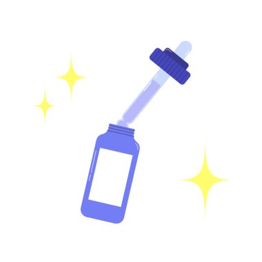 Mavi Serumlu Düz Tasarım Cilt Düşürme Şişesi. Şişe açılır ve Düşüren kısmen yerleştirilir. Beyaz bir arkaplanda Parlak Parıltılarla çevrili. 