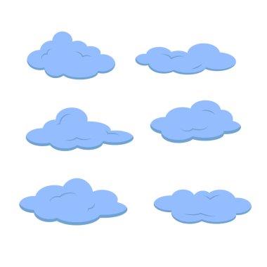 Altı Mavi ve Gri Çizgi Film Bulutlarının Düz Tasarım Koleksiyonu Beyaz Arkaplanda İzole Edildi. Çeşitli Şekiller Hava Bulutlu Yağmuru veya Dijital Bulut Hesaplama ve Depolama Kavramlarını temsil eder.