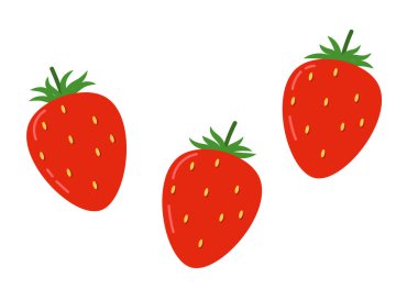 Beyaz üzerinde üç Parlak Kırmızı Çilek Karikatürü. Tatlı Yaz Meyve Grafik Vektörü. Taze Böğürtlen Tasarımı Clipart.