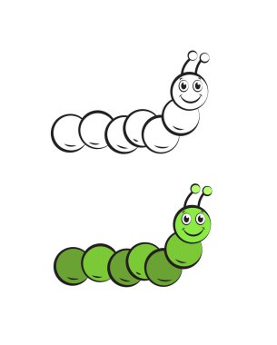 Renklendirme Sayfası Taslak ve Renk 'te Mutlu Çizgi Filmler Tırtıl. Çocuk Faaliyetleri için Sevimli Böcek Karakteri. Gülümseyen Larva Vektör İllüstrasyonu.