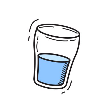 Doodle Glass of Water Vector Illustration on White. El çizimi taslak içecek bölümü. Basit Sıvı Alma ve Yenileme Kavramı.