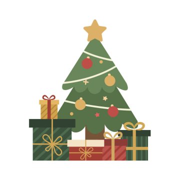 Sunumlu Şirin Noel Ağacı. Mutlu Kış Tatil Hediyeleri. Düz Tasarım Festivali Dekorasyonu.