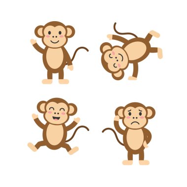 Şirin maymun karakterleri seti. Farklı pozlarda sevimli çizgi film orman hayvanı, mutlu, üzgün, amuda kalkmış ve el sallıyor. Çocuklar için komik safari maskotu vektör koleksiyonu.