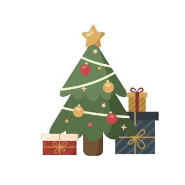 Hediye kutularıyla şirin bir Noel ağacı. Işıkları, yıldızı ve süsleri olan sevimli bir bayram ikonu. Çocuklar için Xmas sezon vektör illüstrasyon koleksiyonu.