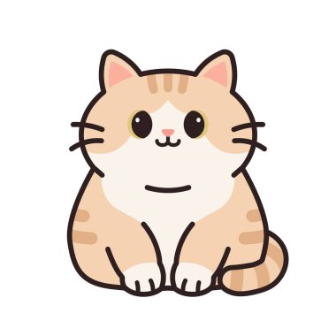 Şirin turuncu kedi oturuyor. Büyük gözleri ve çizgileri olan sevimli bir çizgi film kedisi. Tatlı tombul kedi, beyaz üzerinde izole edilmiş hayvan vektör çizimi..