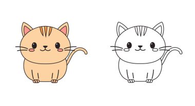 Çizgi film tarzında el çizimi kedi çizimleri. Beyaz arka planda izole edilmiş vektör çizgisi ve renkli tekir kedi yavrusu. Boyama kitabı ya da çıkartma tasarımı için sevimli oturan kedi karakteri.