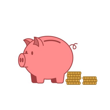 Biriktirmek için Altın Para Yığını 'yla Pembe Domuz Kumbarası. Finansal Planlama ve Para Yatırım İllüstrasyonu. Bankacılık ve Zenginlik için Şirin Piggybank Vektörü.