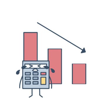 Düşen Çubuk Çizelgesi olan üzücü bir hesap makinesi karakteri. Finansal Kayıplar ve İş Başarısızlığı Konsepti. Ekonomik Kriz ve Azalan Kâr Veri Analizi Vektörü İllüstrasyonu.