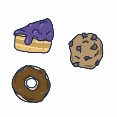 Donut, çikolatalı kurabiye ve kek ile birlikte nefis pişmiş yiyecekler. Tatlı tatlı tatlı vektör çizimi beyaza izole edilmiş. Fırın menüsü tasarımı için el çizimi çerez simgeleri.