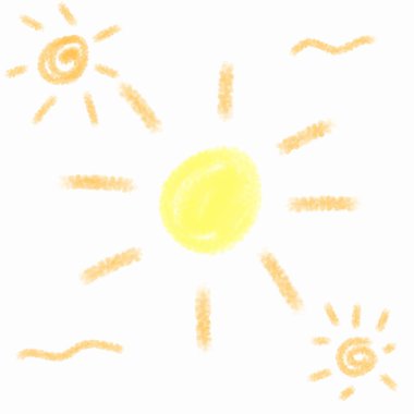 Pastel boyalı sarı güneş kolleksiyonu. Elle çizilmiş güneşli hava elementleri beyaza izole edilmiş. Parlak güneşlerin ve dalgalı çizgilerin sanatsal çizimleri.