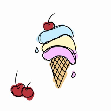Kiraz soslu renkli dondurma külahı. El çizimi yaz tatlısı illüstrasyonunda üç kepçe. Kirazlı tatlı dondurma, beyaz arka planda dağınık çizgili sanat tarzı..