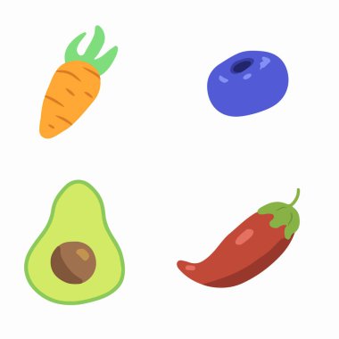 Organik meyve ve sebze ikonu seti. Havuç, yabanmersini, avokado ve kırmızı biberli el yapımı sağlıklı gıda çizimi. Düz çizgi film taze malzemeler..
